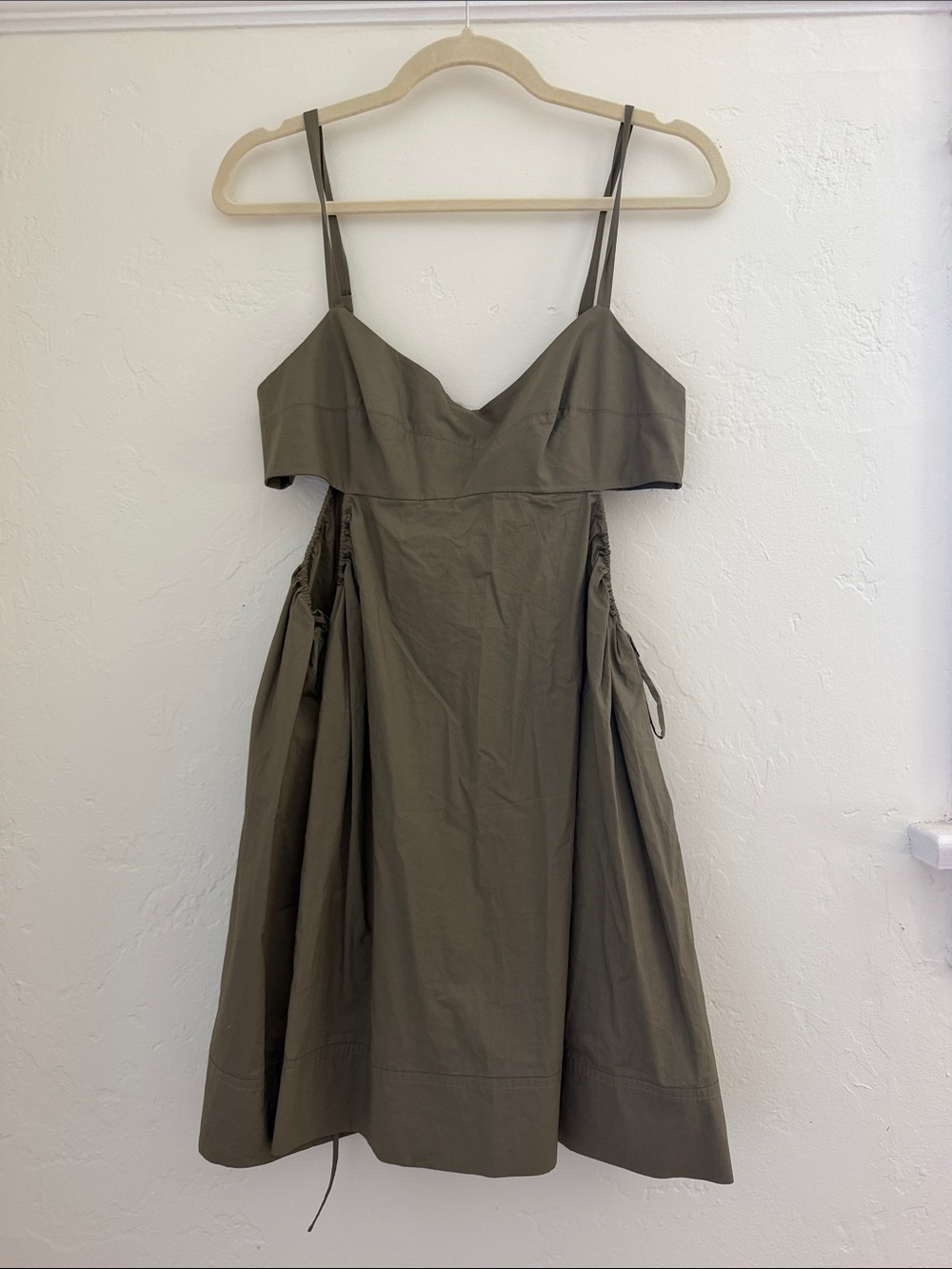 L'Academie Olive Green Midi Spaghetti Strap Dress